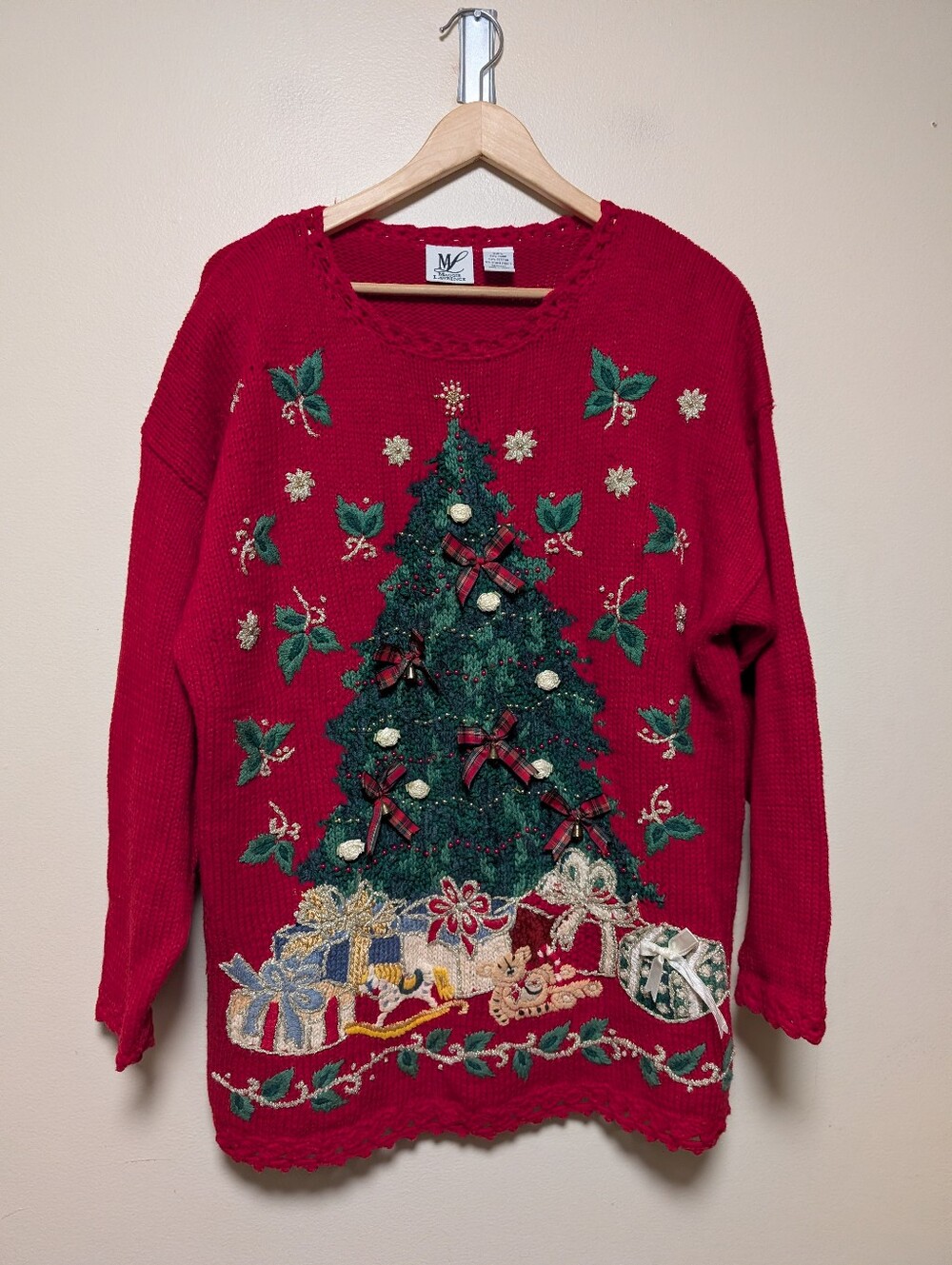 Maggie Lawrence Christmas Tree Sweater L Red 3D Bows Bells Beaded Ugly Christmas